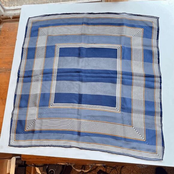 Vintage 1970s Sheer Striped Square Scarf in Blue & Gold Geometric Print 20x20 - Picture 2 of 9